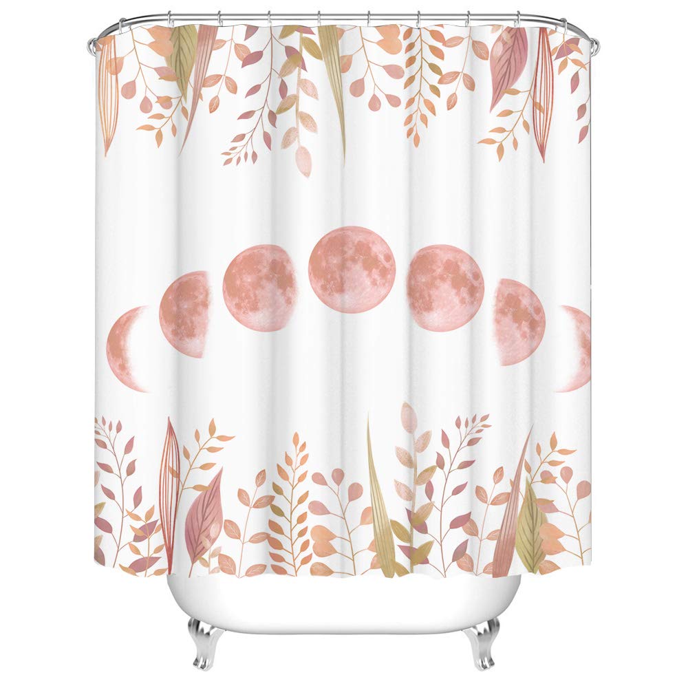 Tenda da Doccia in Tessuto Lunare con Foglie e Piante, Tende Tendaggi da Bagno con Ganci, 175 x 180 cm, Colore Bianco