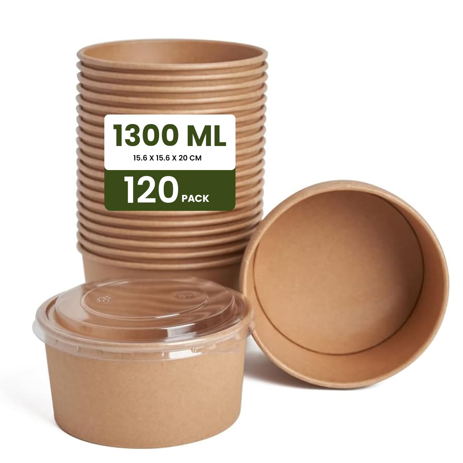 Ecoway Compostable Heavy Duty Made Of Paper - [44 Ounce - 1300 Ml, Pack Of 120] Disposable Bowls Eco-Friendly Biodegradable Perfect For Salad, Soup, Dessert, Hot or Cold Use, Brown