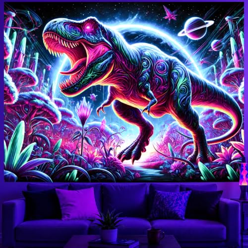 Image of BlissYard Blacklight Tapestry Dinosaur Decor 78x59 Inch Neon T Rex Glow in Dark Backdrop Blacklight Tapestry Psychedelic Jungle Scene for Bedroom Wall Hanging Party Room Fantasy Beast Art