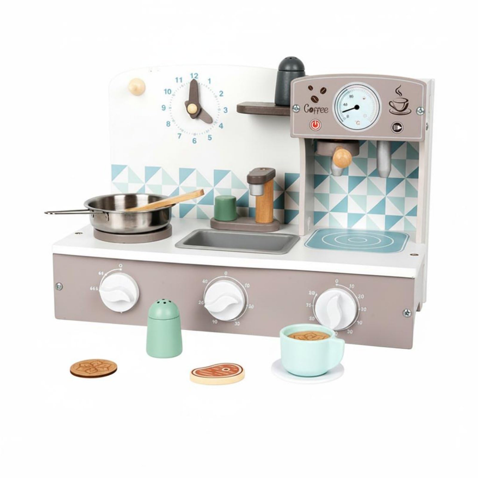 Cucina Giocattolo Bambini Set Cucina Giocattolo Piano Cottura Lavandino Stazione Caffè Legno Acciaio Orologio E Dettagli Deposito Adatta per Gioco Collaborativo Attività Prescolare Casa