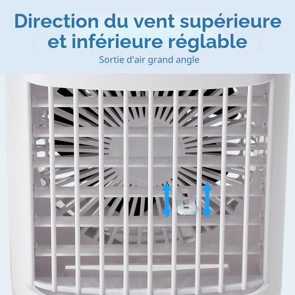 Mini Climatiseur Mobile Silencieux, 2 en 1 Mini Rafraichisseur d'air avec 4 Vitesses & 2 Brumes, 2-8H Timer, 7 LED,Petit Clim Mobile pour Chambre et Bureau(7W)