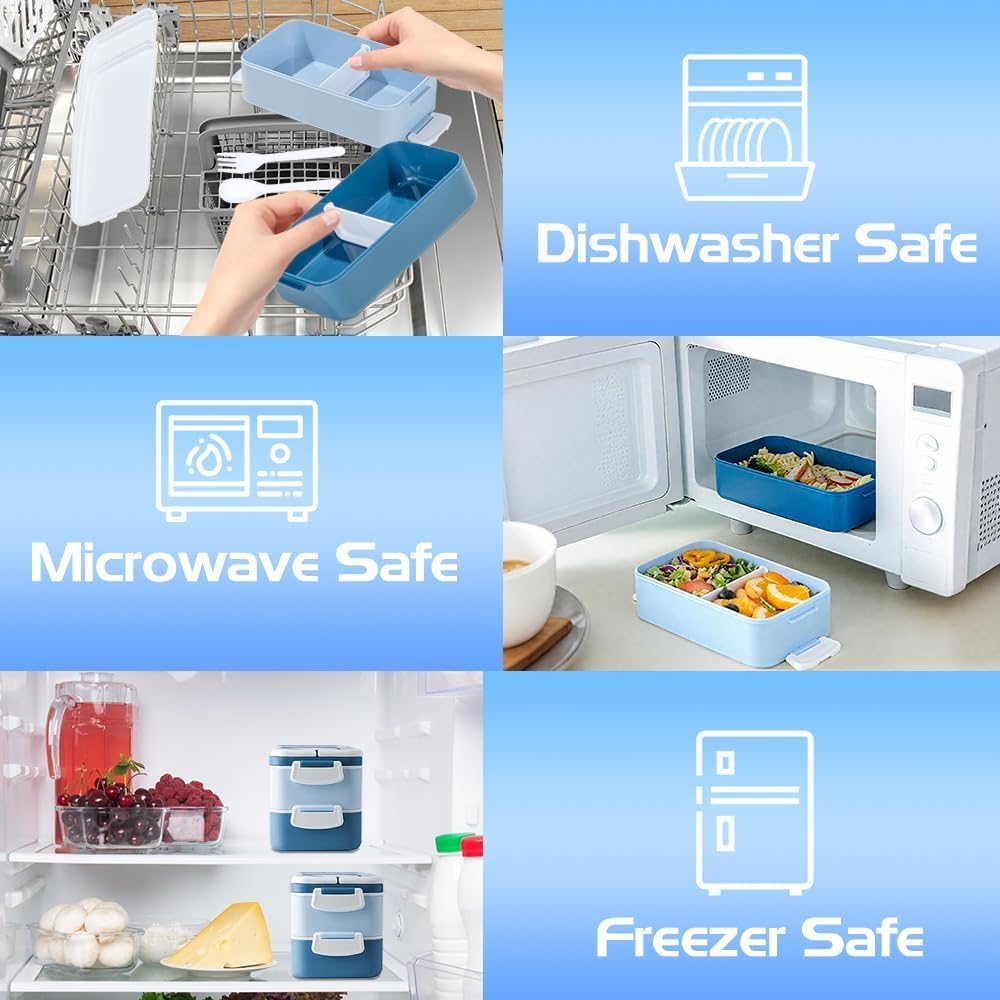 Porta Pranzo Kit, 1600 ml 2 Strati Lunch Box Ermetica con Borsa Termica e Posate, Portapranzo per Microonde e Lavastoviglie,Schiscetta Pranzo, Bento Box per Adulti Lavoro Picnic Ufficio (Blu)