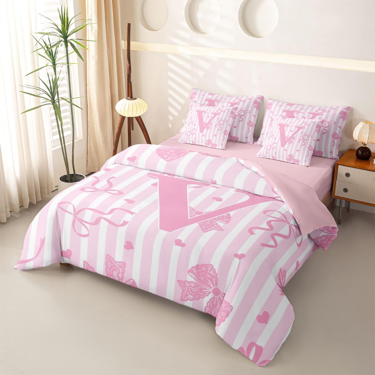 Loussiesd Juego de ropa de cama de 7 piezas con diseño de lazo rosa y blanco, para niños y niñas, con funda de edredón, sábanas, fundas de almohada, fundas de cojín, tamaño Super King