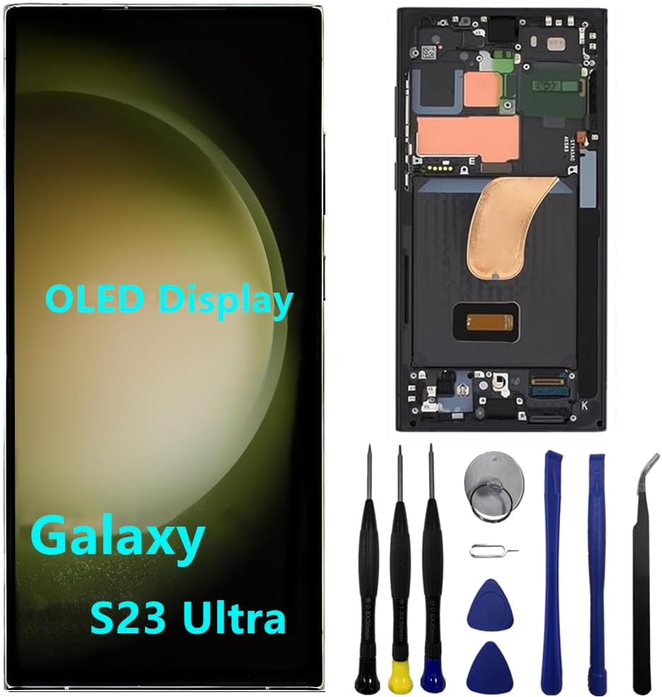 OLED for Samsung Galaxy S23 Ultra Screen Replacement S23ultra 5G S918U S918B/DS S918U1 S918W S918E LCD Display Touch Screen Digitizer Assembly Support Fingerprint and S-Pen (with Black Frame+Tools)