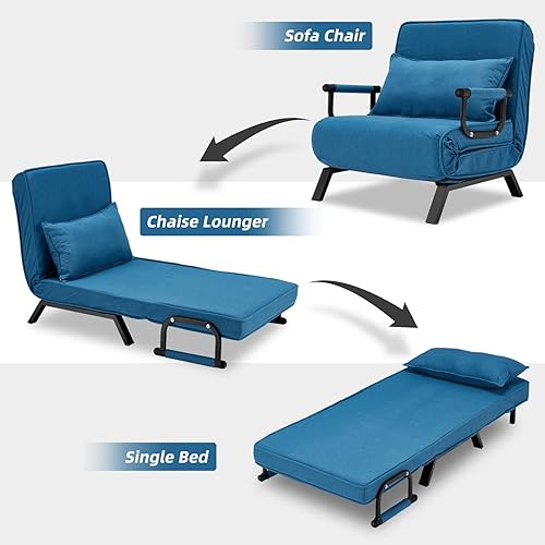 Miniatura 11 de Sillón convertible para cama, sillón tapizado de tres pliegues con almohada, sofá plegable de ocio con respaldo ajustable de 6 ángulos, cama