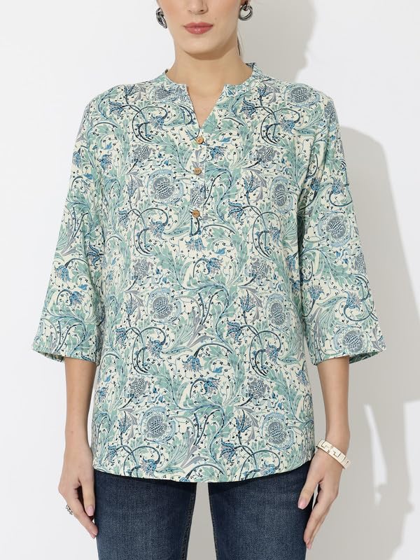 Image of Women's Cotton Printed Kurta Top | 3 /4 Sleeve Straight Kurti Casual Outings