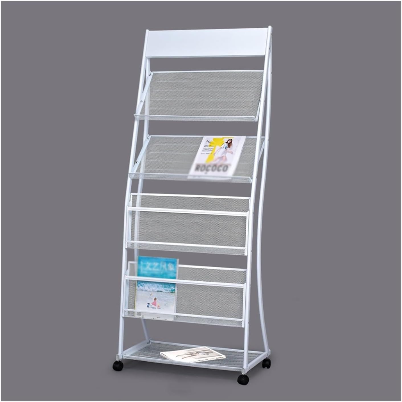 CGCSYZ Floor Standing Magazine Rack, 4 Tiers with Wheels, Brochure Display, Information Display, Mobile Newsstand Brochure Display Stand for Exhibitions (White)