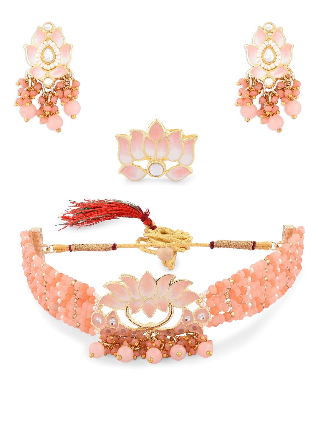 ZAVERI PEARLS Orange & Peach Meenakari Lotus Multistrand Crystal Beaded Choker Necklace Earring & Ring Set For Women-ZPFK14759 (B0BDG658F6) Amazon Price History, Amazon Price Tracker
