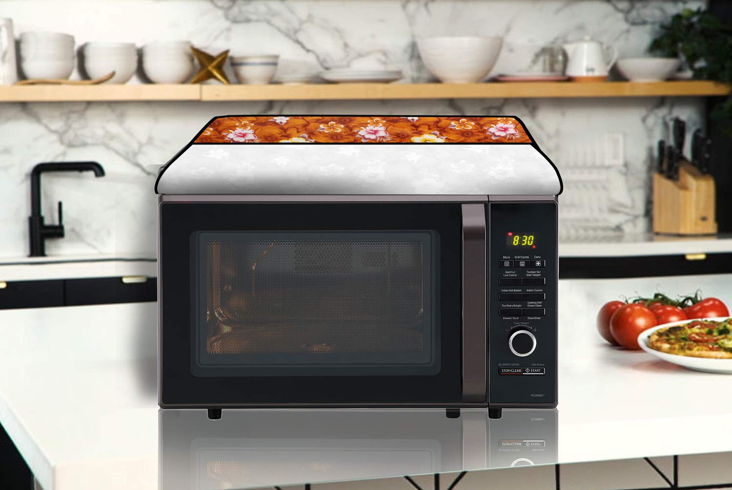 The Furnishing Tree microwave oven cover compatible for Borosil 30 Liters Convection Prima, Waterproof, Dustproof, Wipeable, Cover Size In CM: (50.8x43.2x35.6), Floral Pattern Orange