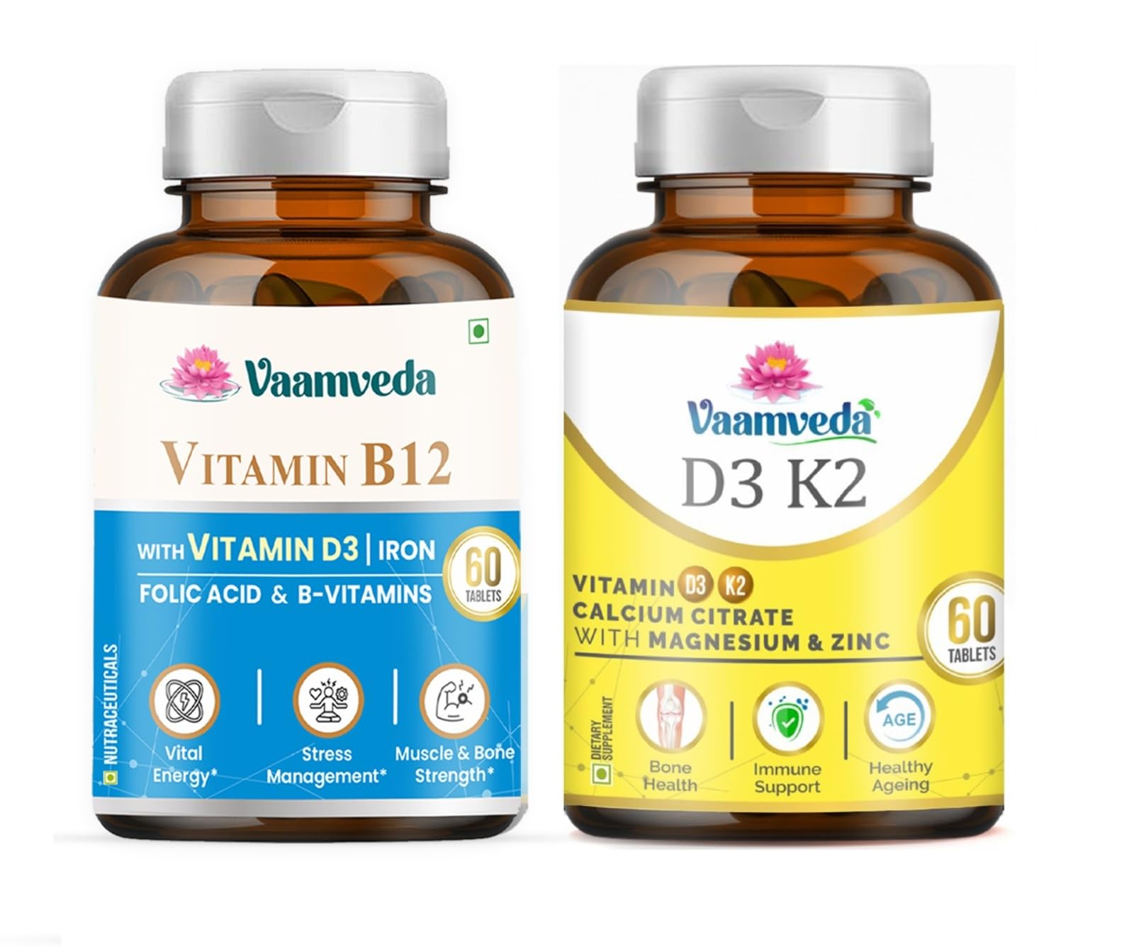 Vaamveda B12 D3 Supplement for Women Men - B12 D3 K2 Calcium Magnesium Zinc