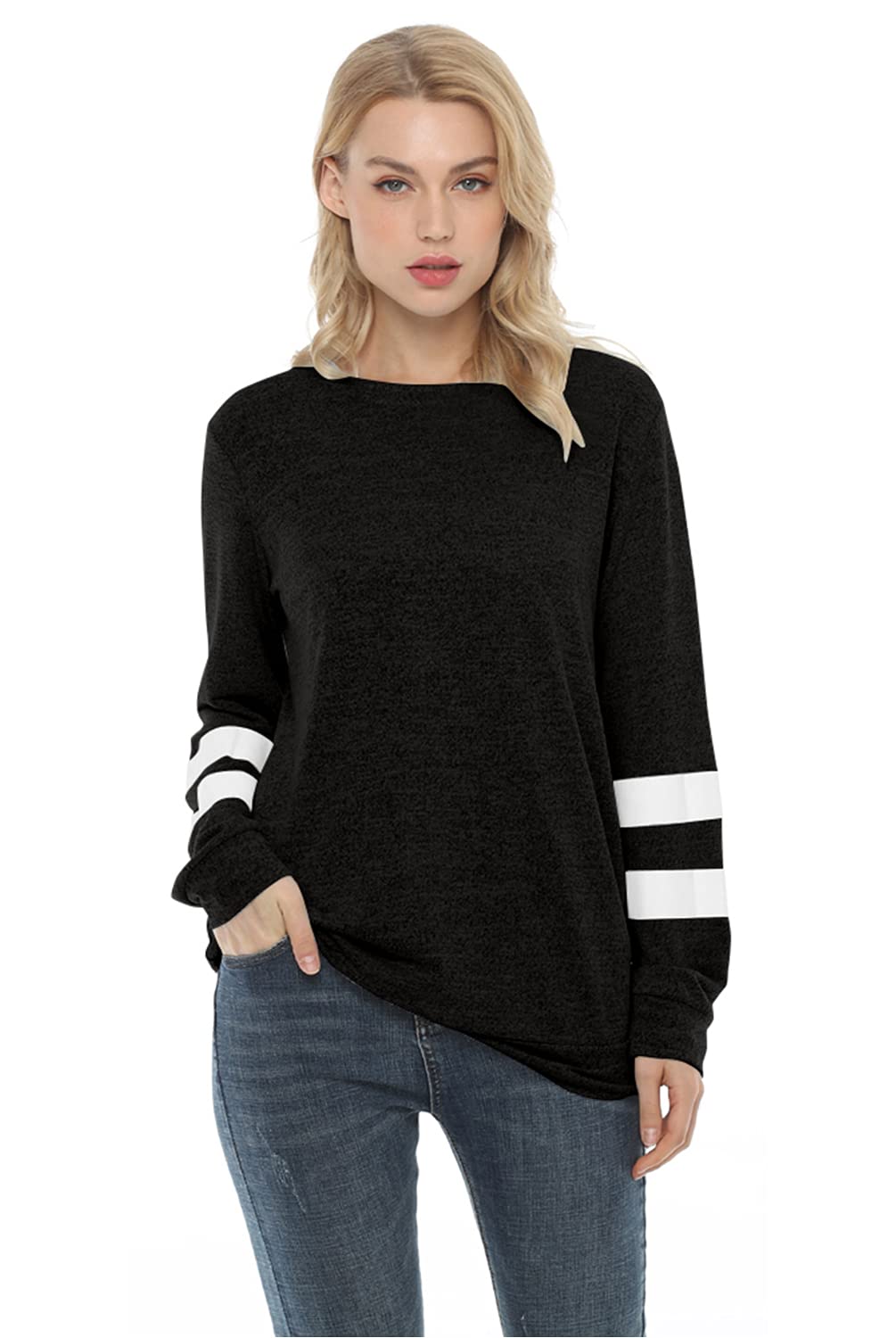 Amstt Womens Crewneck Sweatshirts Lightweight Color Block Long Sleeve Sweaters Tunic Tops