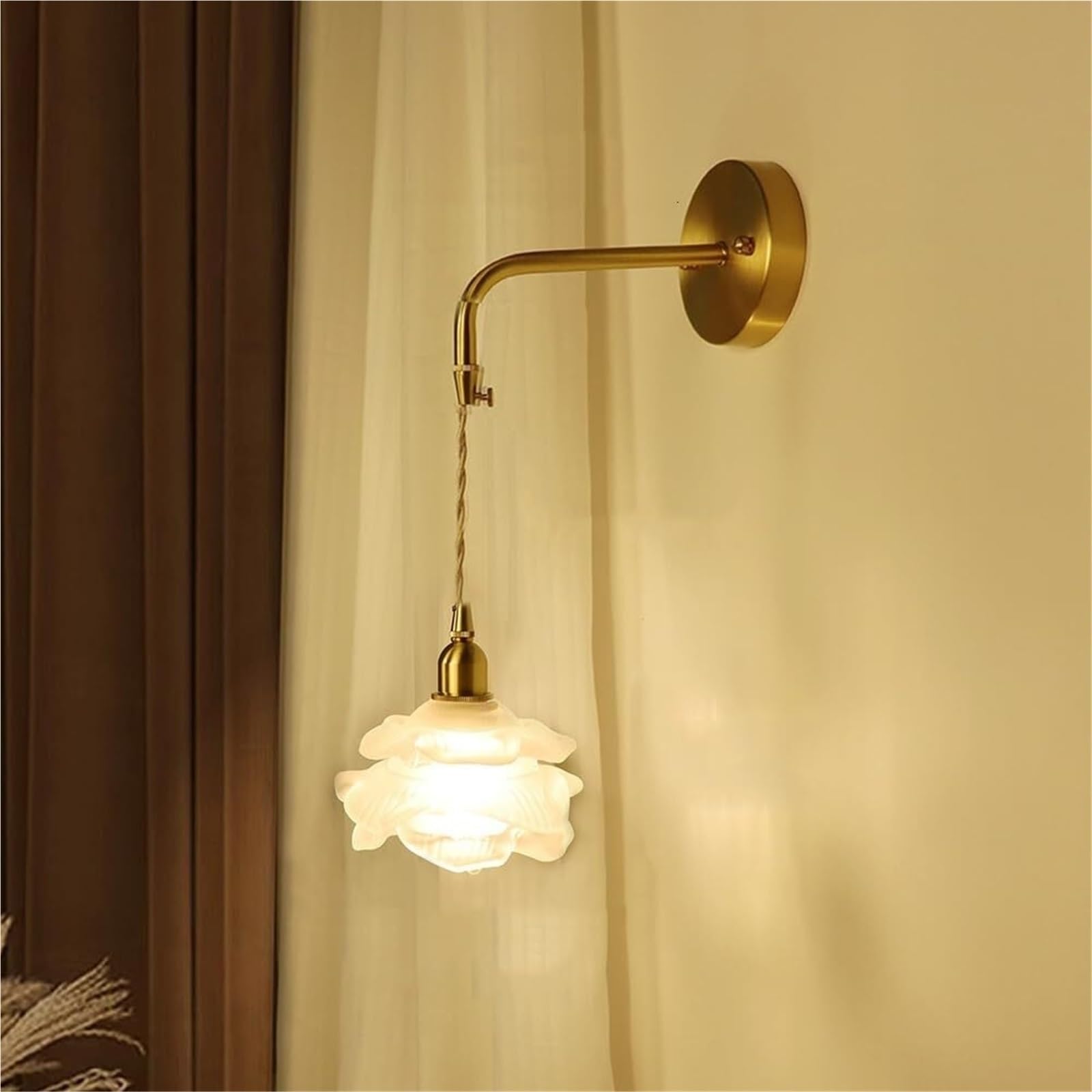 HPTHLY Rose Glass Flower Wall Sconce Vintage Gold Indoor Antique Wall Light Frosted Clear Milk Glass Nordic Hanging Wall Lamp For Living Room Farmhouse Bedroom Kids B(Frosted Glass)