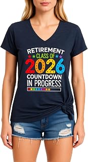 Women's Retirement Class Of 2026 Countdown V Neck T Shirt Funny Graphic Tee Soft Cotton Short Sleeve Top for Future Retiree Gift Celebration Party Outfit Yellow Style