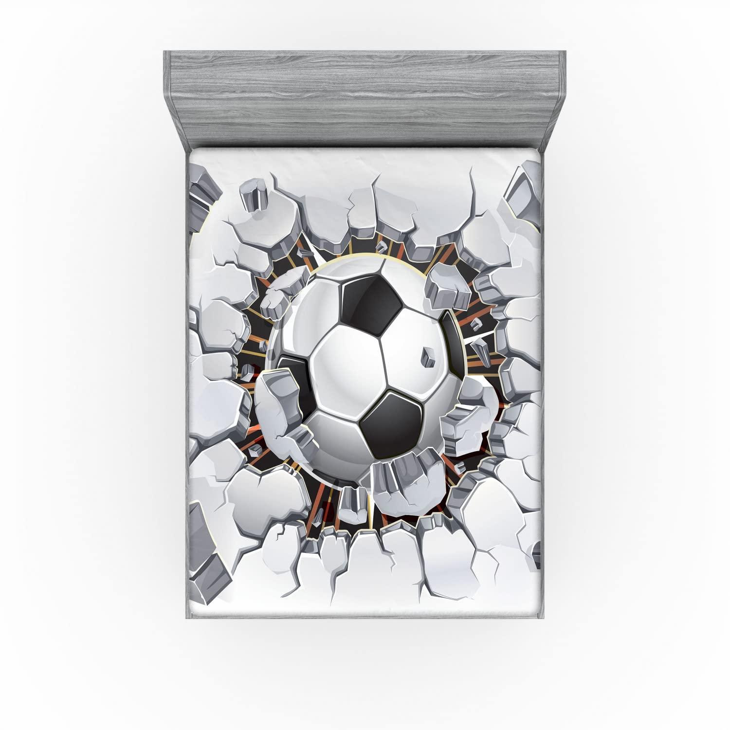 Lunarable Sports 2 Pack Fitted Sheet, Soccer Ball Breaking Wall, Bed Cover All-Round Elastic Deep Pockets 2 Pieces, Package Contains 2 Queen Size Fitted Sheets, White Grey Black