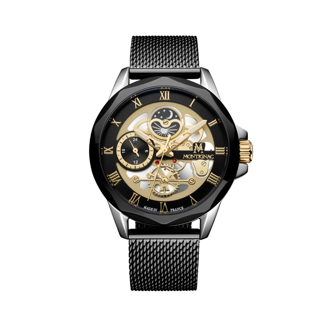 Montignac - Montre Homme Quartz - Acier 42 mm - Cadran Argent - Chiffres Romains Dorés - Bracelet Milanais Noir Ajustable - Étanchéité 5 ATM - Cadeau Montre Homme - Élégance Moderne - MOW612