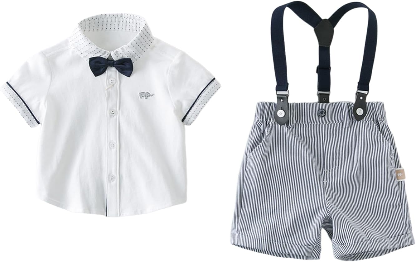 DAVE&BELLA Baby Boy Formal Short Set Toddler Summer Gentleman Boy Outfits Kid Short Sleeve Bowtie Shirt Suspender Shorts Suit