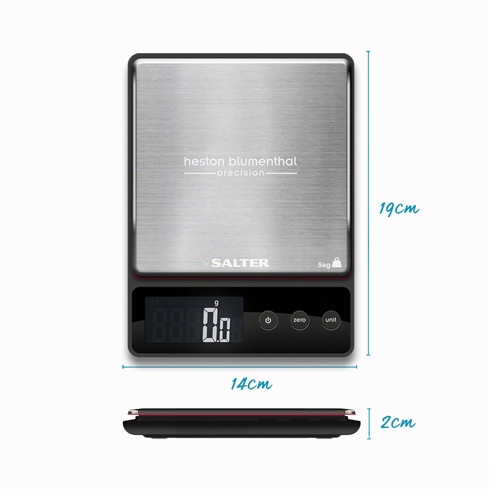 Heston Blumenthal by Salter 1140A HBBKDR Digitale Küchenwaage - 5kg Kapazität, Messung in Präzisions 0,5g-Schritten, Hinzufügen und Wiegen/Tarafunktion, Edelstahl Plattform, Messen Sie Flüssigkeiten