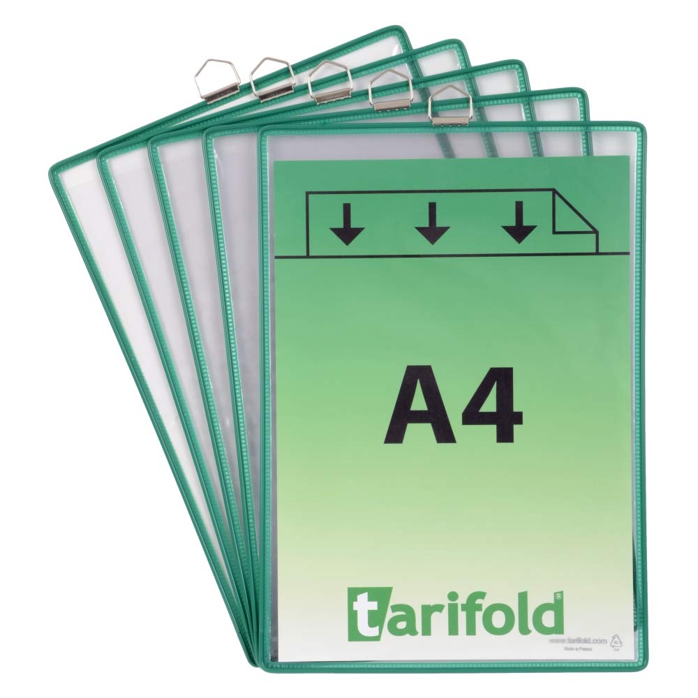 TARIFOLD Es 154505 - Pack de 5 Fundas Bolsas A4 porta-anuncios y documentos con anilla metálica para colgar, PVC marco resistente en acero, color Verde
