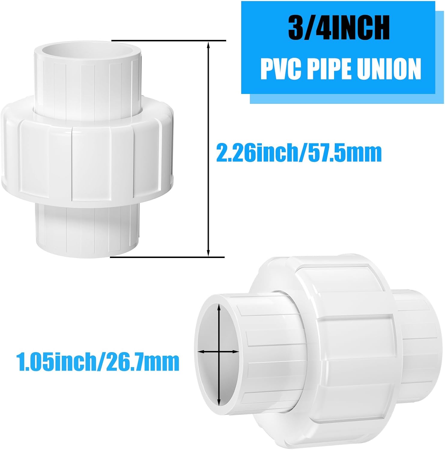 8PCS PVC Union Coupling 3/4Inch, Furniture Grade PVC Union Pipe Fittings with EPDM O-Ring, Schedule 40 White Slip Coupling Adapter for Irrigation, Pool & Spa System, indoor Plumbing Project