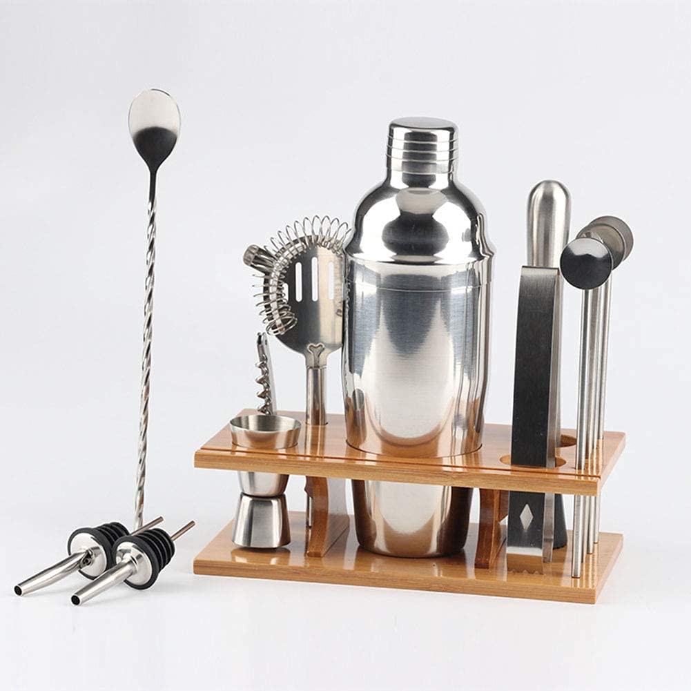 Juego de coctelera, Juego de Barman, 14 Piezas de Acero Inoxidable con Elegante Soporte de bambú, Kit de Barman para el hogar para Principiantes, Regalo de Boda de Navidad