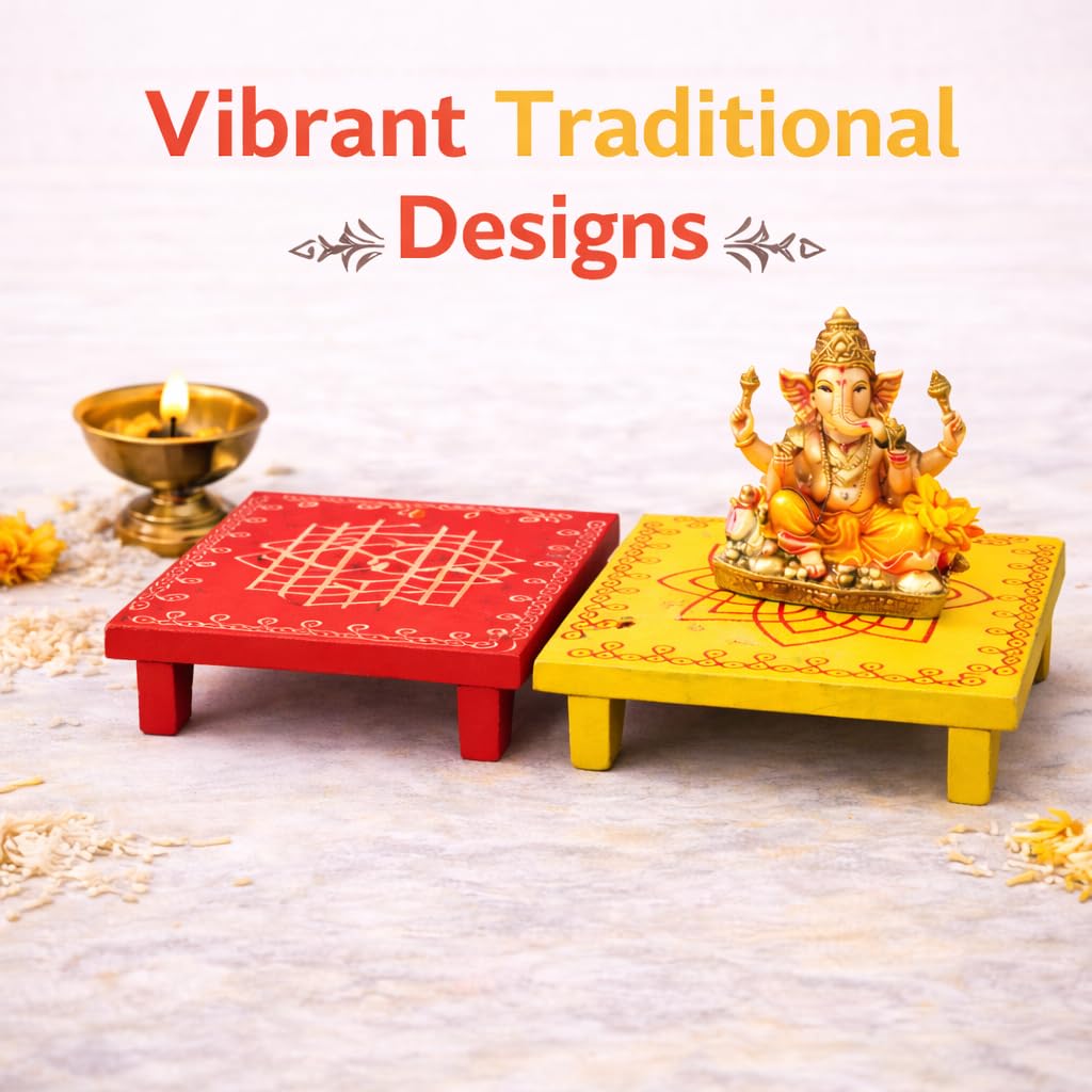 Red Lakshmi Pooja Chowki - Set of 2 -4 Red Lakshmi Pooja Chowki - Set of 2 -4