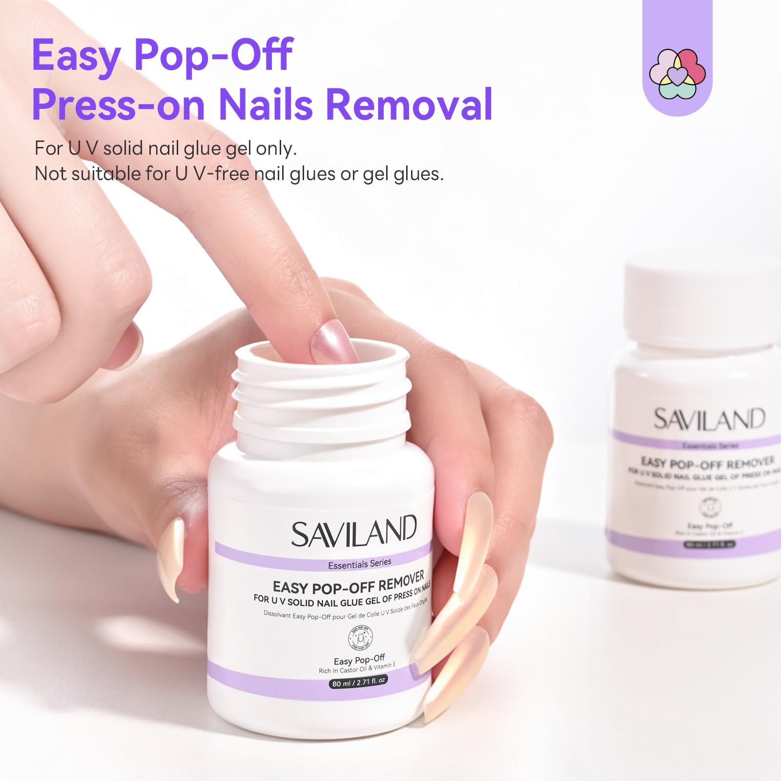SAVILAND 80ML Rimuovi Colla Unghie Finte, Solvente Solido per Colla per Unghie con Spugnetta per Rimozione per Immersione, Senza Bisogno Lima, Grande Capacità, Senza Acetone, Facile da Usare a Casa