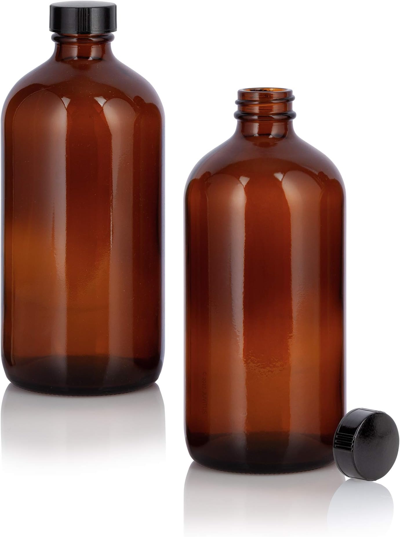 JUVITUS 16 oz Amber Glass Boston Round Bottle with Airtight Black Phenolic Cap (2 Pack)