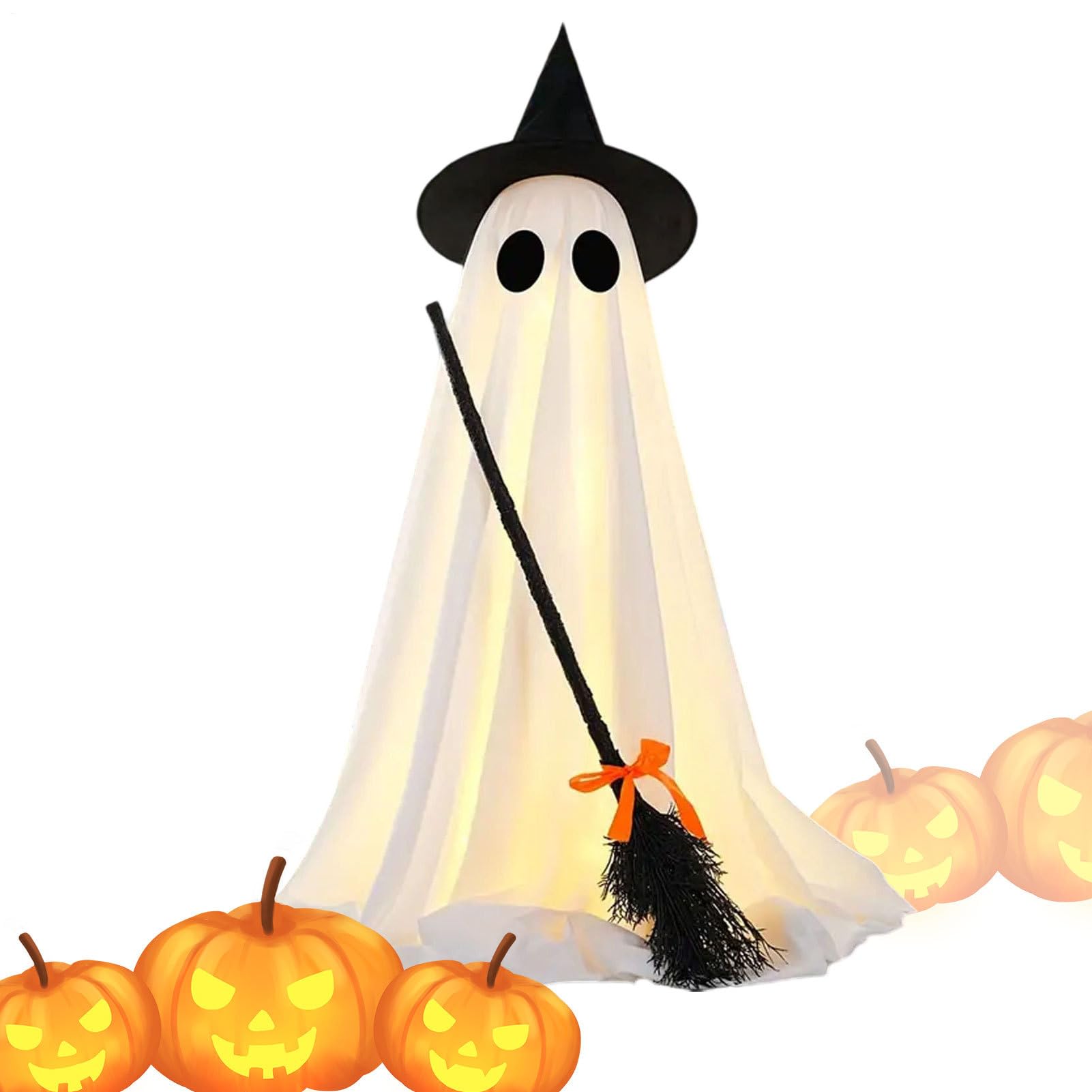 Décoration de jardin Halloween lumineuse avec grand spectre et balai traditionnel