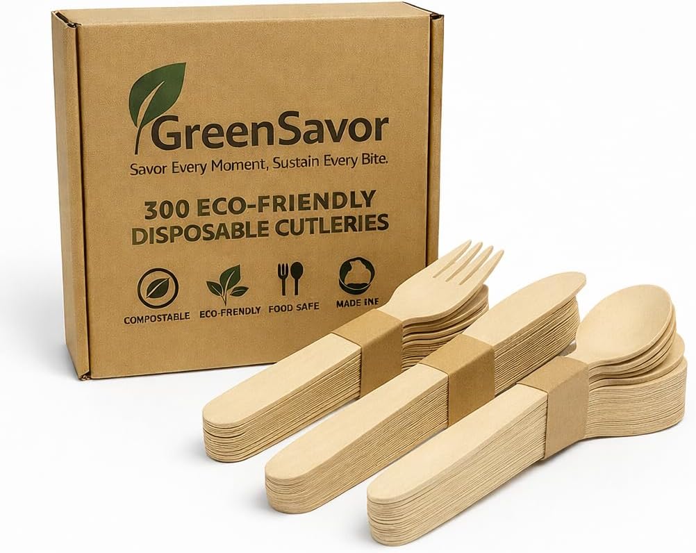 300 Birch Wood Disposable Cutlery Set (100 Spoons, 100 Forks, 100 Knives), Eco-Friendly Utensils