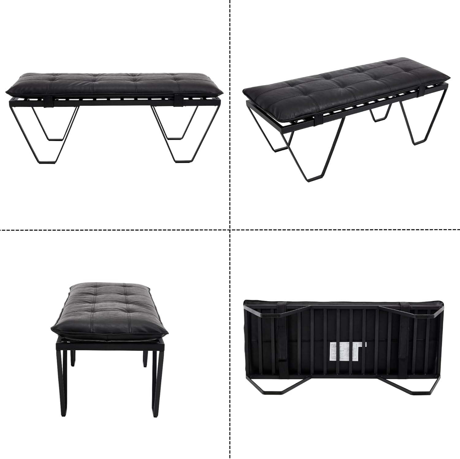 49" Modern Pu Leather Upholstered Entryway Bench, Industrial End of Bed Bench with Removable Cushion, Bedroom Bench Long Ottoman with Black Metal Legs for Living Room Hallway, Black