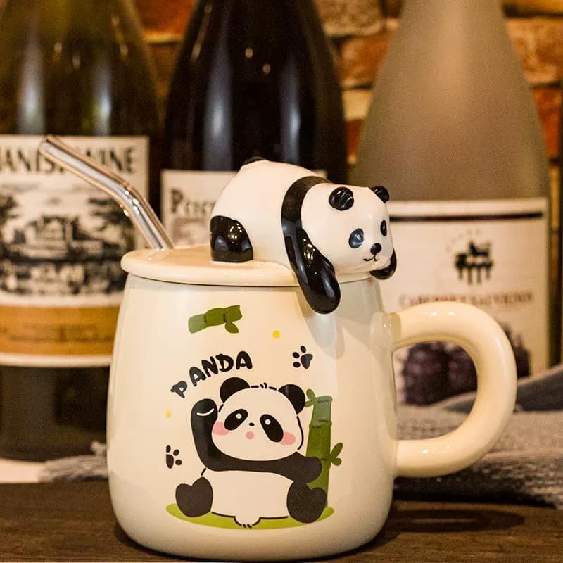 Image of Panda Coffee Mug with & Glass stro, Mugs for Coffee, Rakhi for Brother, Birthday Gift, Ceramic Mug, 3D Panda Coffee Mug (420ml - Panda White)