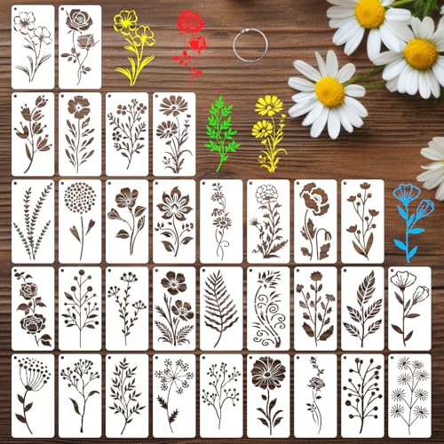 DZXCYZ 32 Pcs Wildflower Stencils for Painting on Wood Reusable Flower Leaf Stencils Plastic DIY Craft Drawing Templates Set for Wall Paper Canvas Home Decor