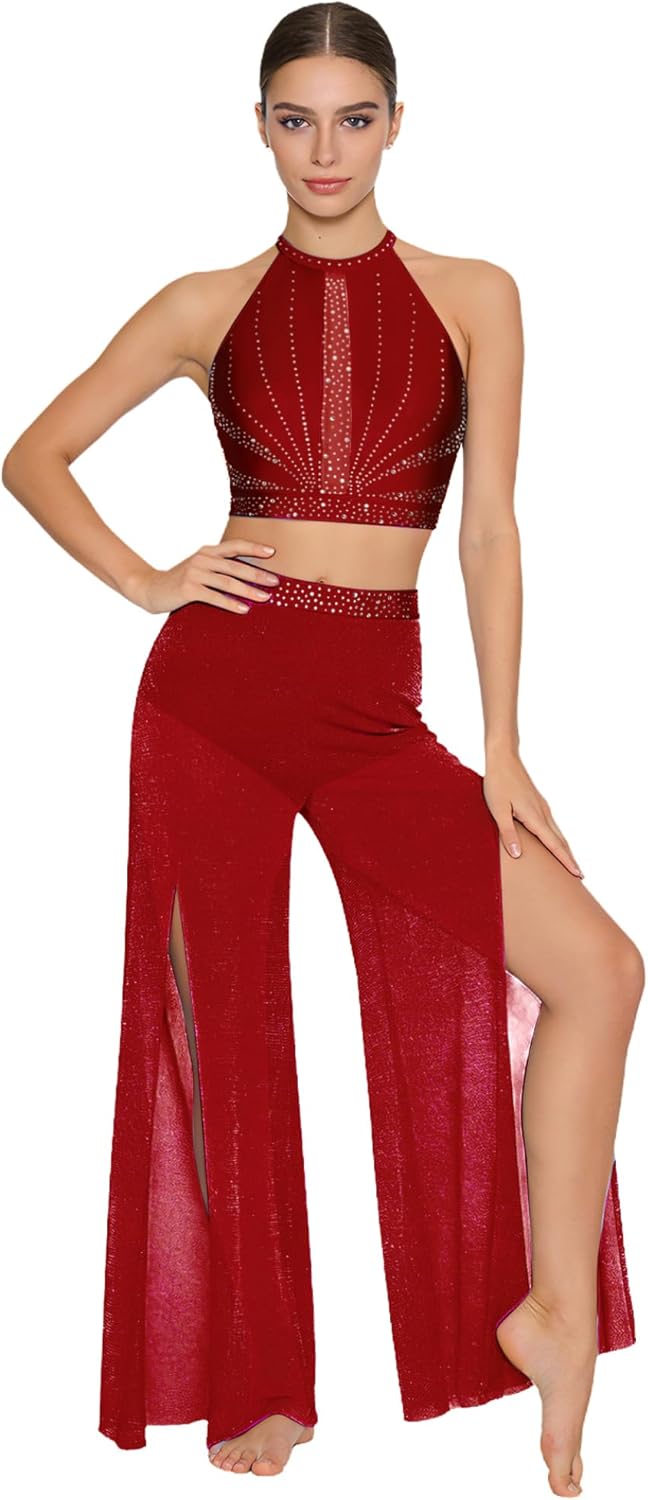 Women Lyrical Dance Costumes Modern Contemporary Dancewear Hollow-out Tank Top Mesh Leg Pants 2pcs Set Burgundy Small