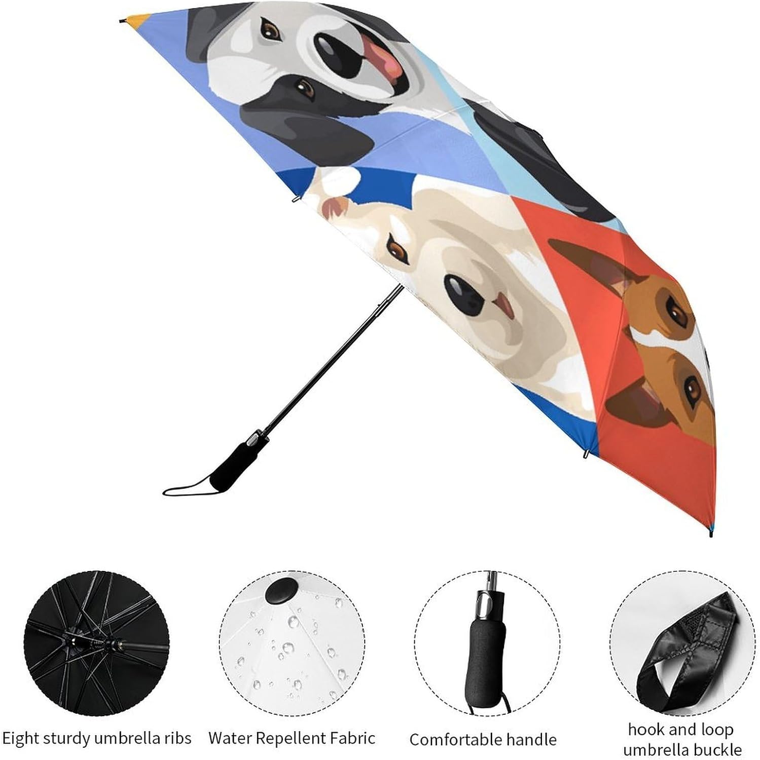 Dog Breeds Automatic Golf Umbrella Folding Umbrella | Windproof Travel Umbrella Portable Compact Umbrella with Storage Pouch for Golf Backpack Men Women