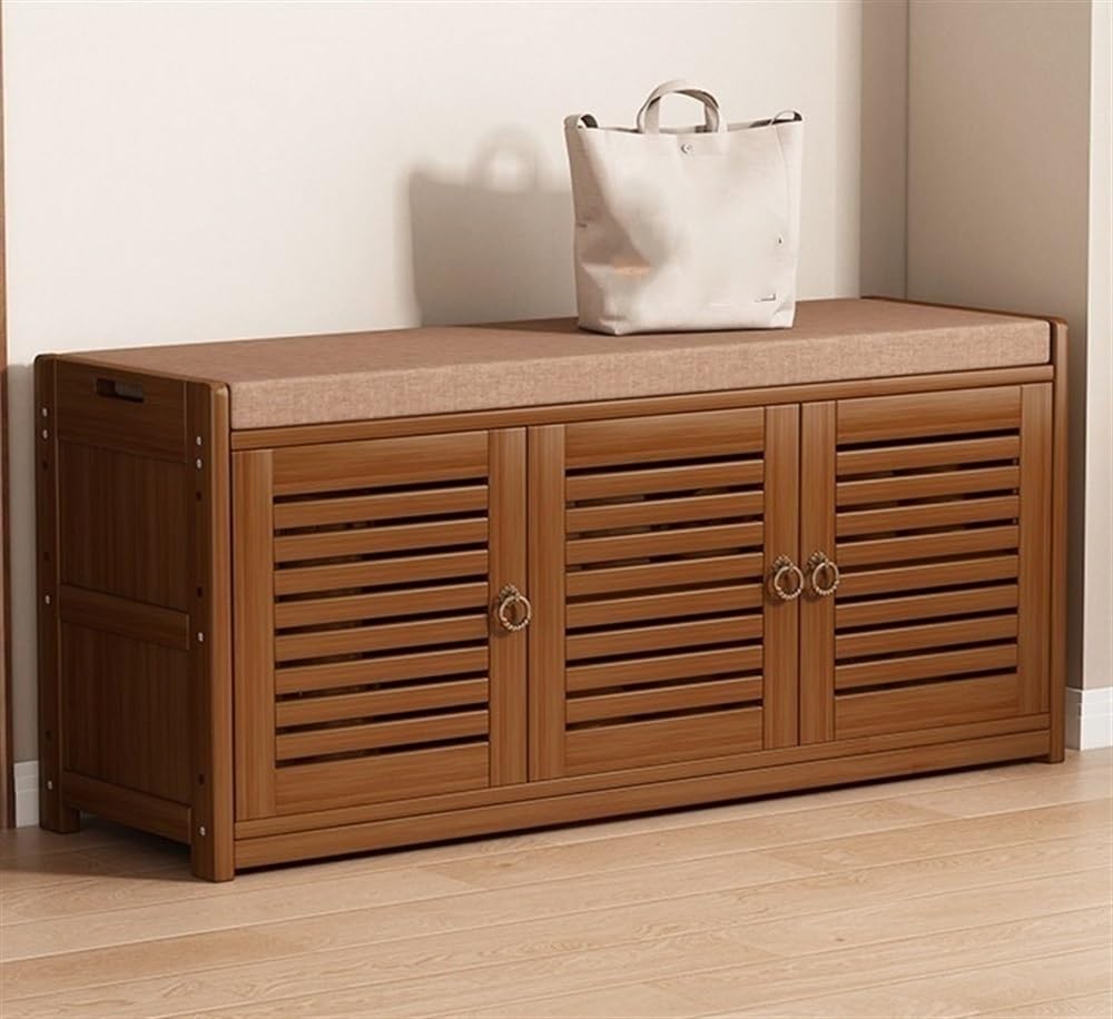 Banc meuble à chaussures 100cm rembourré avec étagère double niveau en bambou marron pour couloir