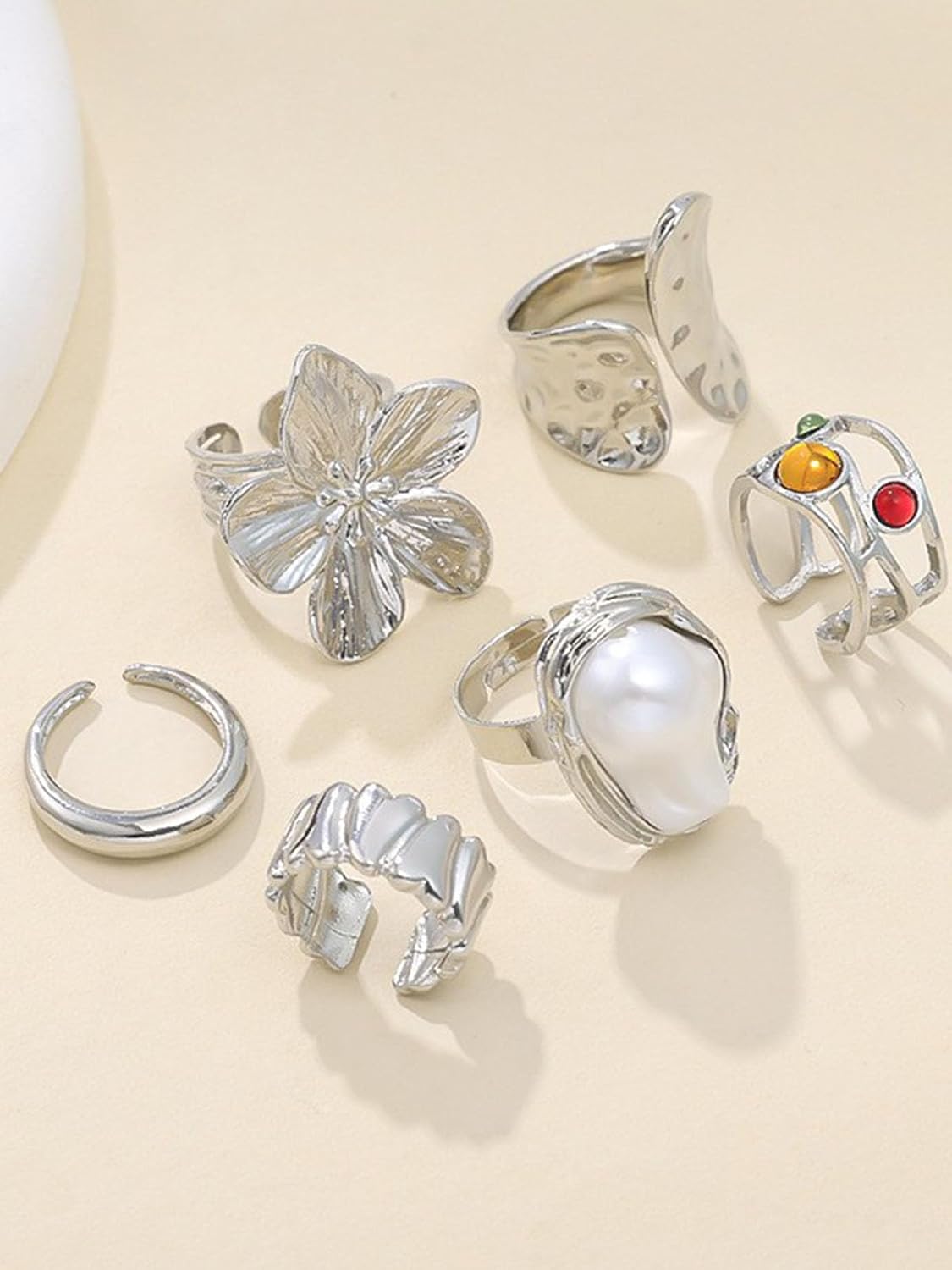 Bravace 6PCS Stacking Rings Set for Women Open Adjustable Gold Chunky Joint Knuckle Rings Vintage Thick Ring Flower Baroque Pearl Punk Statement Jewelry Gift - Image 5