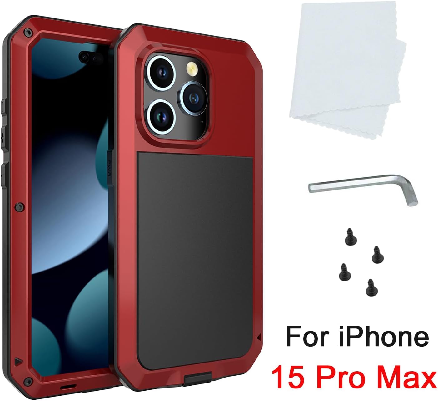 Compatiable with iPhone 15 Pro Max Case,360 Full Body Protective Cover Heavy Duty Shockproof Tough Armour Aluminum Alloy Metal Case with Silicone Built-in Screen Protector - Red