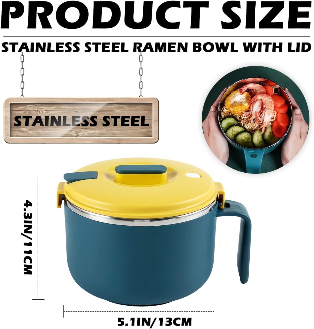 DOERDO 304 Stainless Steel Ramen Bowl with Lid Ramen Cooker Noodle or Soup Bowl Bento Pot for Home Office, 900ml