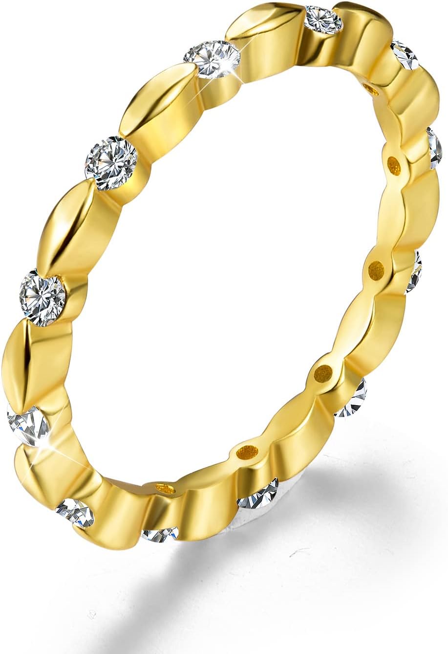 PremiumPearl Trendy Eternity Bridal Wedding Band Ring with Sparkling CZ in 18k Yellow Gold Plated 925 Sterling Silver Ring Size 6.5 Handmade Woman Fine Jewelry