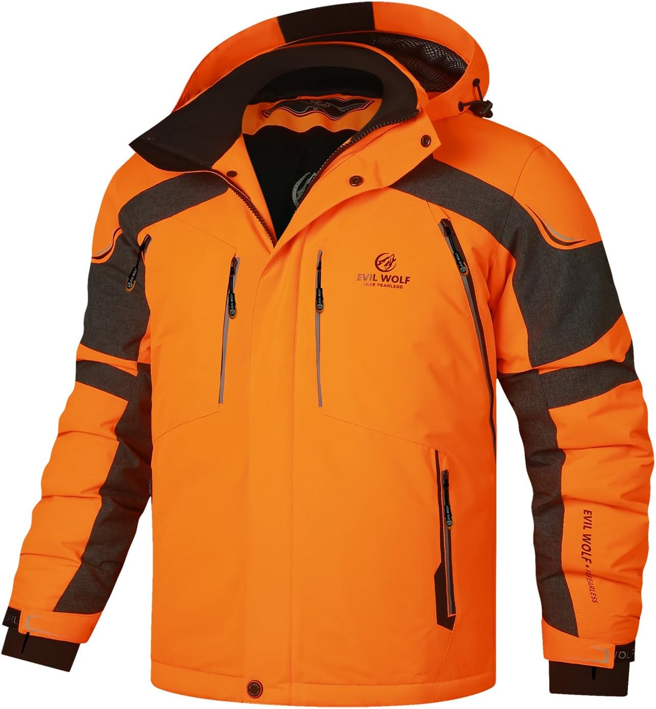 EVIL WOLF Men's Waterproof Ski Jacket - Hooded & Warm, Multi-Pocket, Essential Winter Gear for Skiing & Hiking