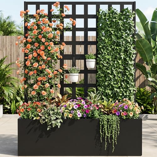 Metal Planter Box with Trellis Privacy Screen,46.65" L×12.01" W×70.87" H Raised Garden Bed with Trellis,Drainage Holes Privacy Screen Planter Box for Climbing Plants and Vegetable (Grid)