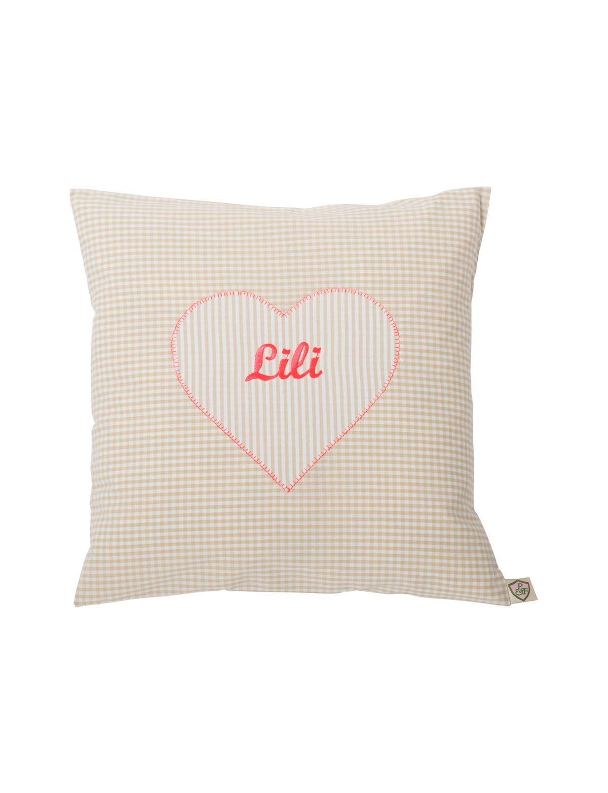 Kissen personalisiert VICHY beige mit Herz von paula & ferdinand - Kissen mit Name - Geschenk zur Geburt und Taufe