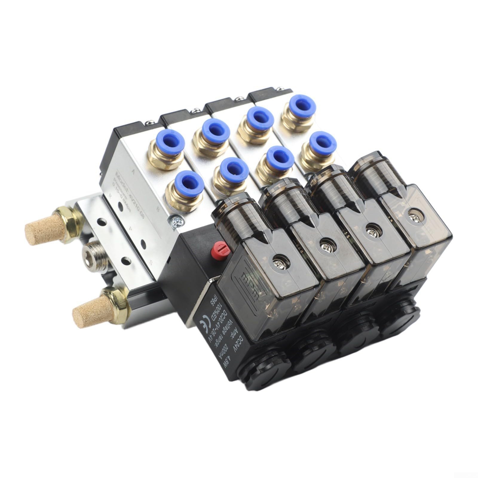 Electroválvula neumática 4V210-08, válvula de 5/2 vías con aleación de aluminio, DC 24 V, conexión rápida de 1/4 pulgadas, incluye base y silenciador para automatización industrial (4 unidades)