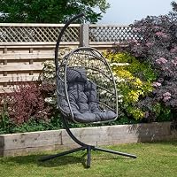 Samuel Alexander Grey Hanging Egg Chair With Stand Waterproof Cover And Cushions Steel Frame Rattan Outdoor Swing Chair Garden Seat Hammock Balcony Conservatory Furniture