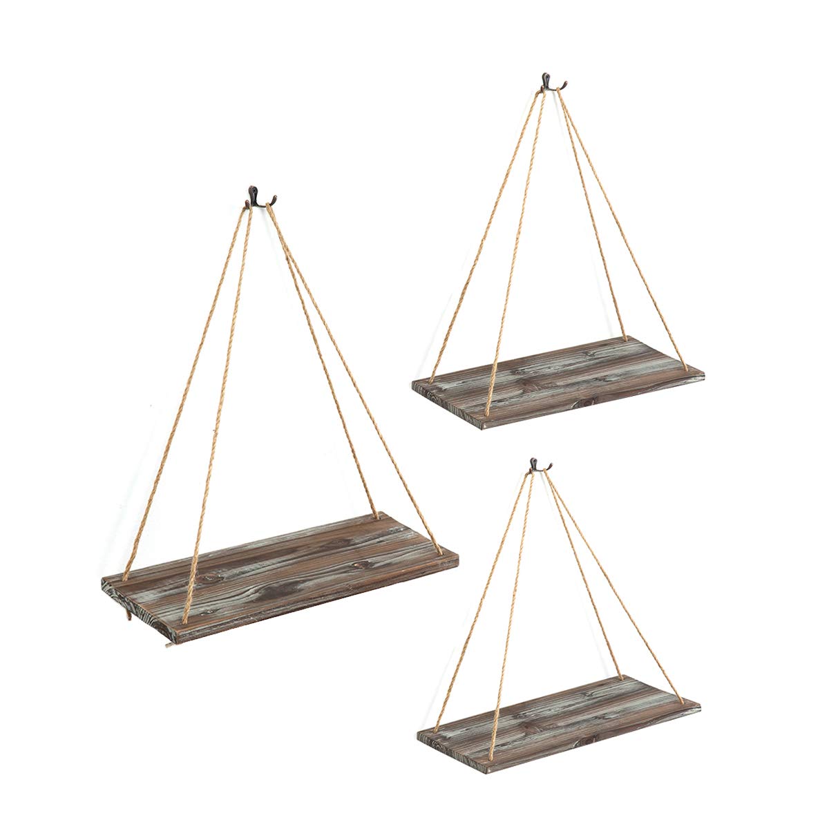 J JACKCUBE DESIGN Rustic Wood Hanging Shelves Set of 3 Farmhouse Bohemian Room Décor Floating Rope Display Shelf Plant Holder for Living Room Bedroom Kitchen Rope Shelves -MK555AAA