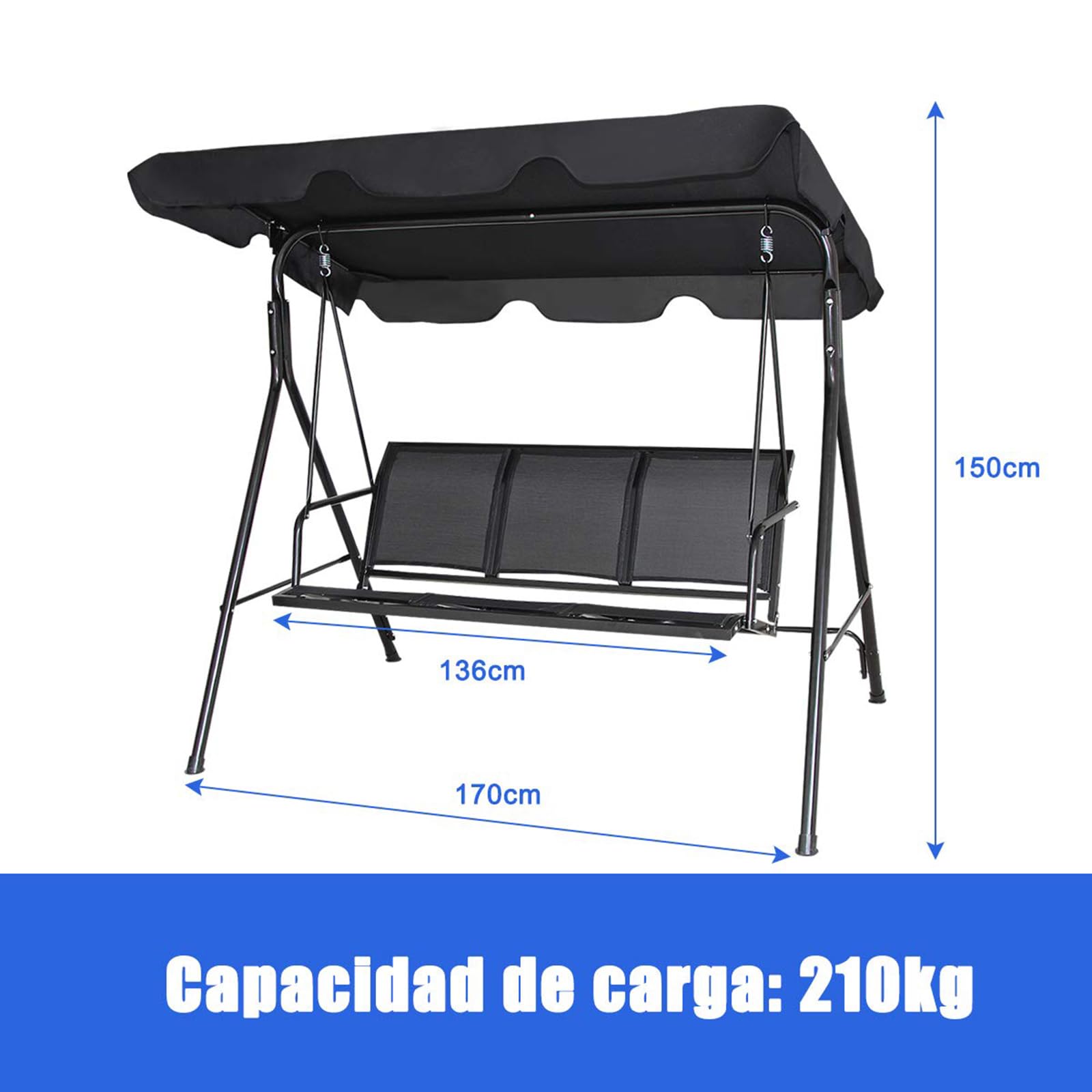 COSTWAY Columpio Jardin Exterior de 3 Plazas, Balancín con Toldo Adultos de Metal y Poliéster, Columpios de Porche con Parasol Ajustable para Exterior, 170 x 110 x 155 cm, Carga 210 kg, (Negro)