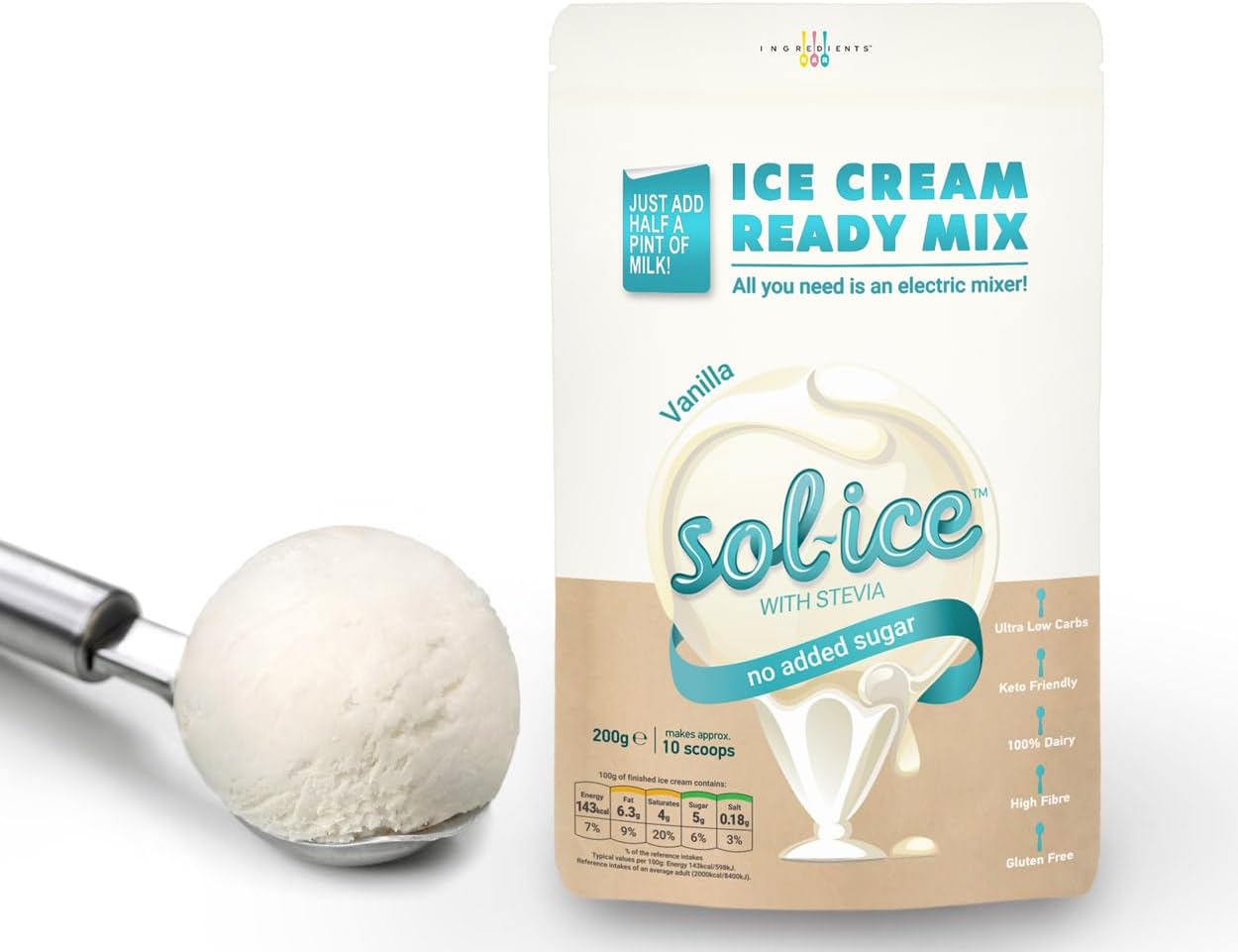 Sol-ice 0% Added Sugar Ice Cream Mix Powder | Fibre-Based | Whip with Just a Mixer or Machine | Dairy Keto Friendly | Vanilla 200g (makes 8-10 scoops)