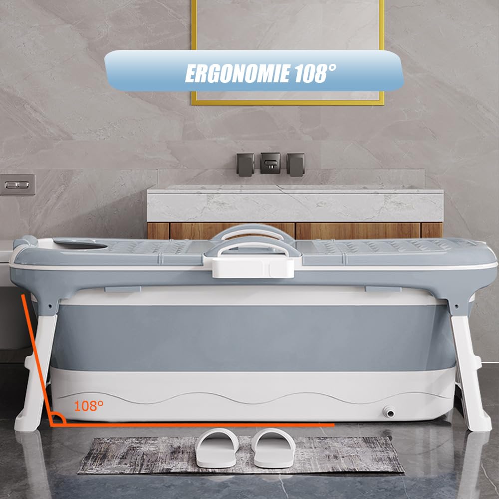 Vasca da bagno pieghevole per adulti, vasca da bagno portatile, barile da bagno, piscina da bagno in plastica, vasca da bagno extra grande per adulti con coperchio, 118 x 60 x 53 cm (grigio)