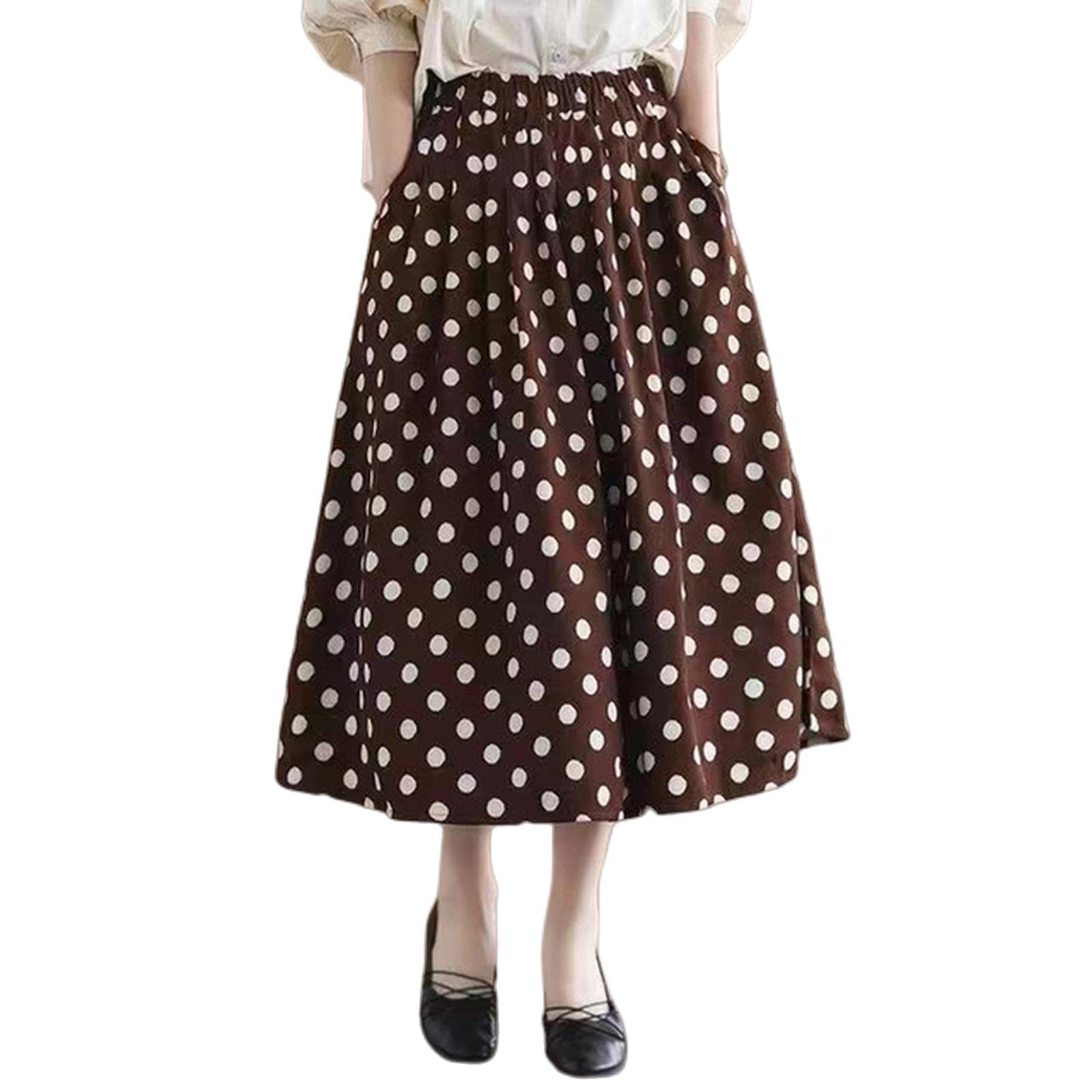 Falda larga con estampado de lunares, falda de medio cuerpo femenina primavera y verano nuevo temperamento retro literario elegante bolsillo cintura alta falda acampanada