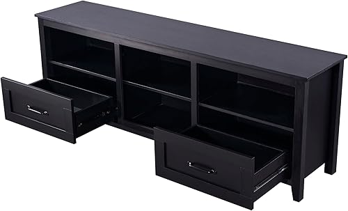 Miniatura 4 de HABITRIO Soporte rectangular para TV, estructura de madera maciza con acabado negro, mesa consola de 70 pulgadas con 2 cajones de almacenamiento y 4